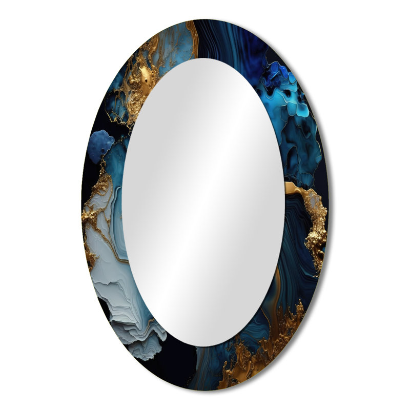 Abstract Geode Marble Blue III - Blue Modern Oval Wall Mirror, 36" x 24"