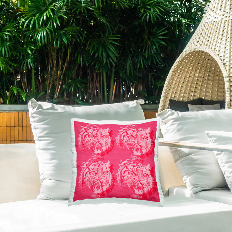 Coussin d'extérieur imprimé Modern Pop Tigers par Lil 'Rue, Rose