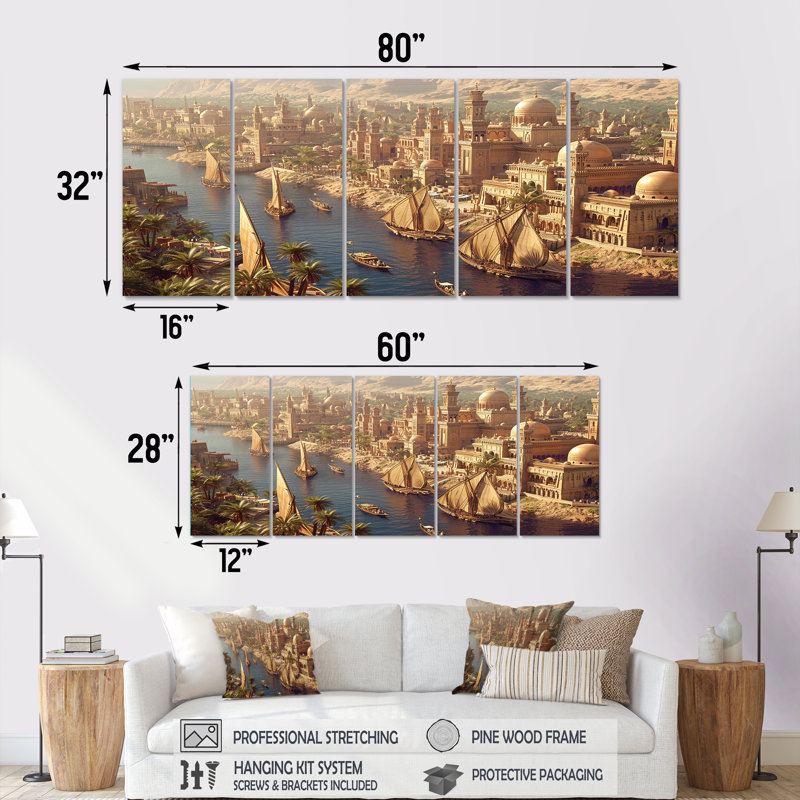 Voile sur le Nil en Égypte antique - Égypte, art mural 5 pièces, H 32 po x l 80 po