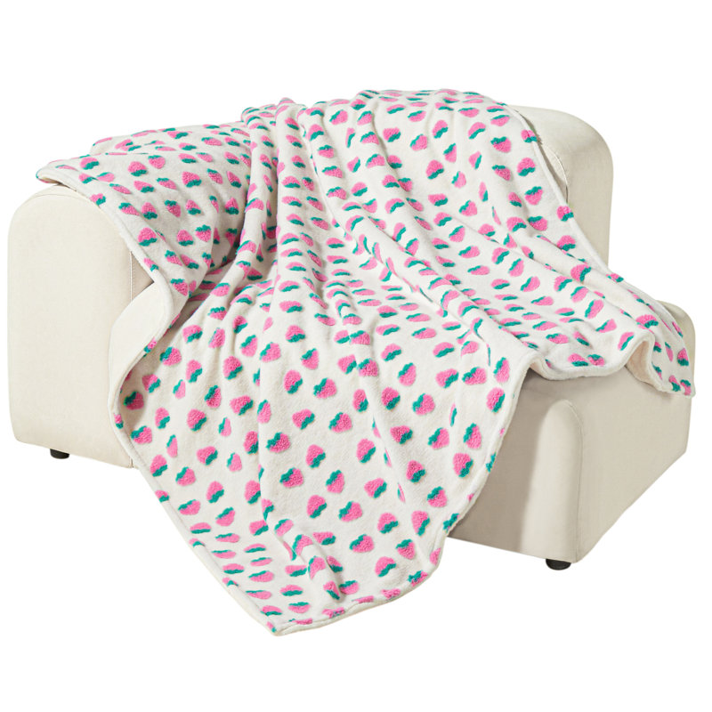 XL Pink Strawberry Jacquard Blanket with Faux Fur Back