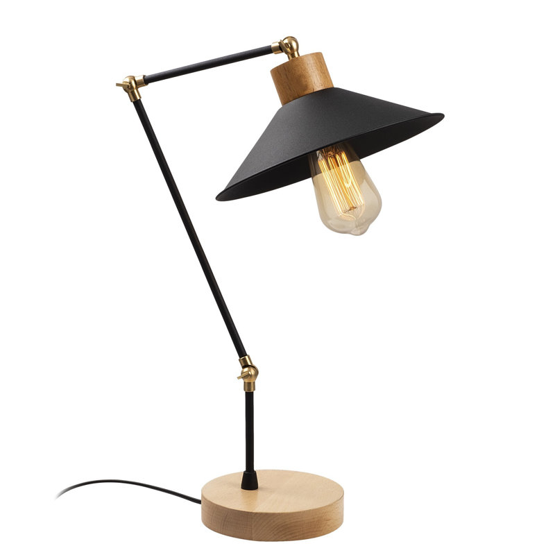 Lampe de table industrielle moderne avec corps en métal et base en bois, 9,4 po de diamètre x 20,5 po de hauteur | Douille E27, 40 W maximum | Finition noire élégante, parfaite pour les décors scandinaves et de fantaisie | Longueur de câble de 78,7 po, indice de protection IP20