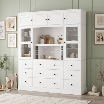 Freestanding Kitchen Pantry Cabinet with Storage Drawers, Adjustable Shelves, Wine Racks and Glass Doors