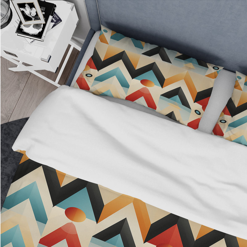 Ensemble de housse de couette à motif géométrique Mid-Century géométrique bleu et beige