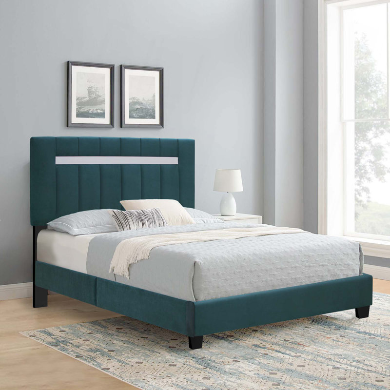 Velvet Upholstered Bed Frame With Adjustable Features, Green