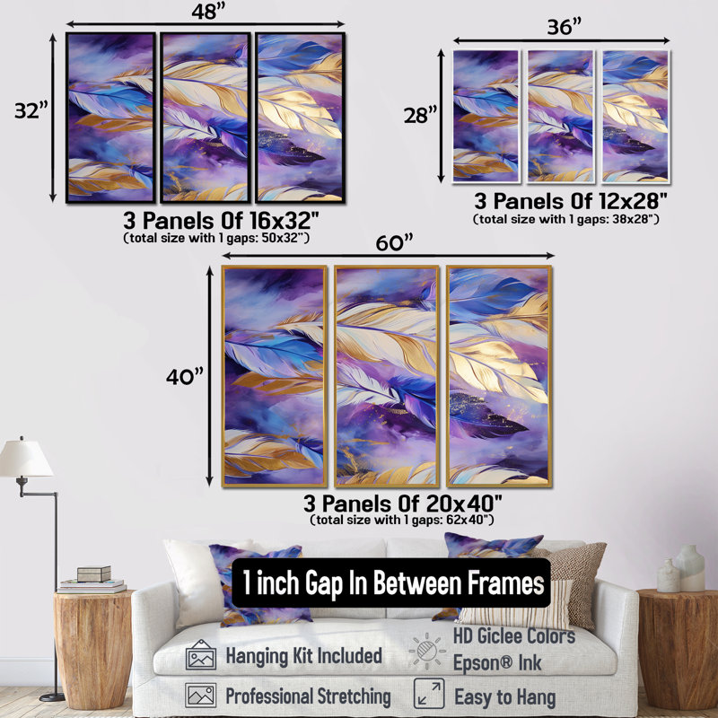 Ensemble de salon Ettinger - Feathers Wall Art, Cadre flottant doré, H 32 po x l 48 po x P 1 po