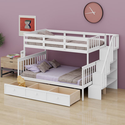Lit superposé d'escalier avec tiroir, rangement et barrière de sécurité pour chambre à coucher, dortoir, pour adultes