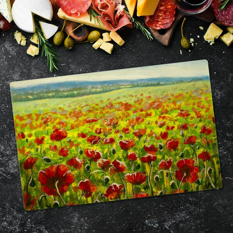 Myakka Tempered Glass Poppies Meadow Chopping Board, 52cm x 60cm