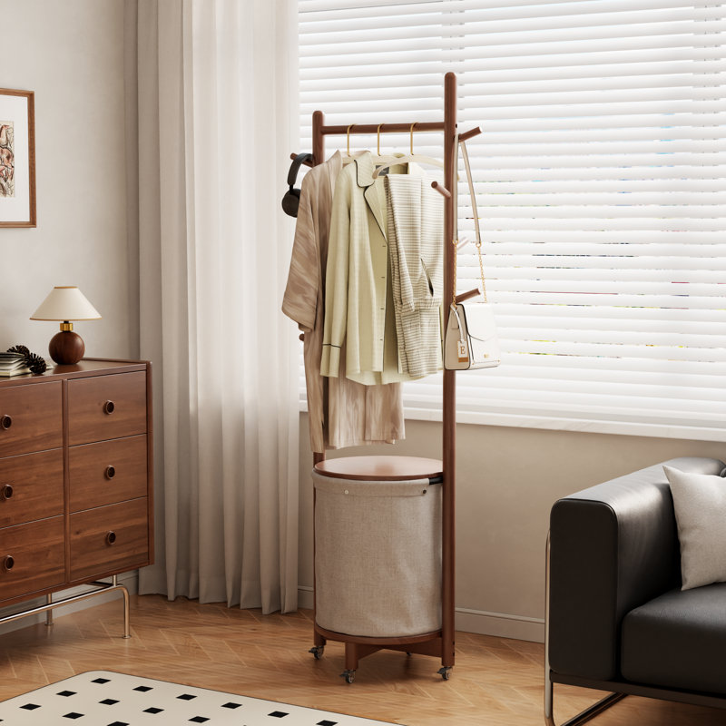 Portemanteau multifonctionnel en bois massif avec panier à linge amovible, Brun
