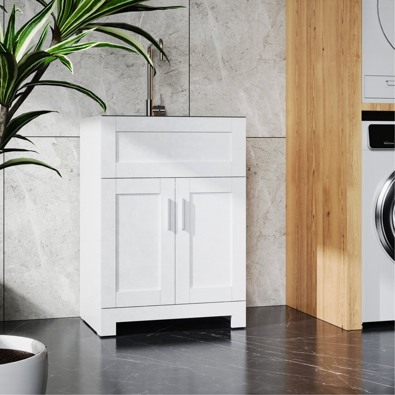 24In White Paint Free Laundry Tub Cabinet W/ Stainless Steel Combo(Update)