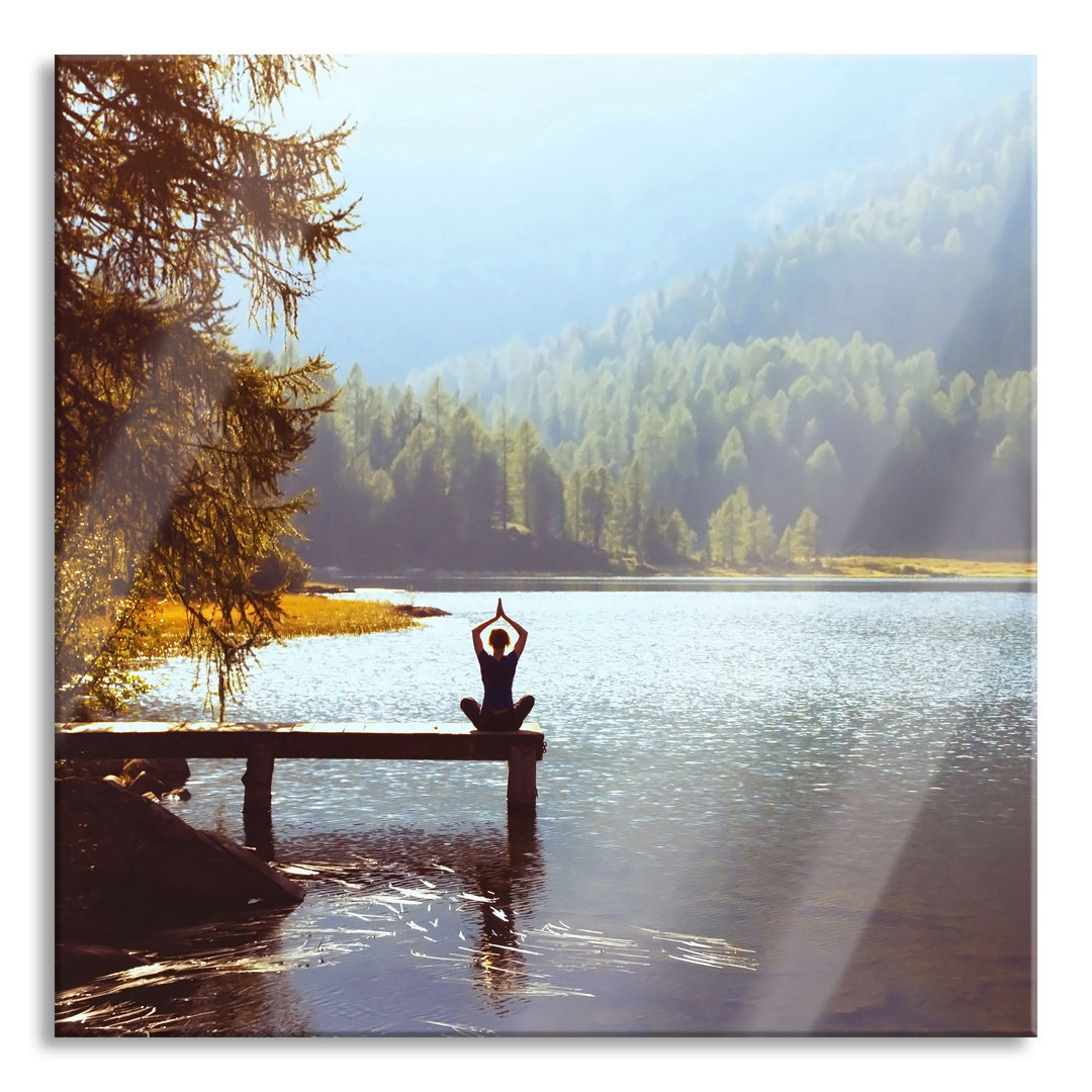 Glasbild Yoga am See