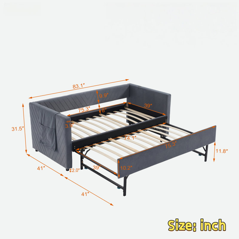 Upholstered Daybed With Trundle, Usb Port And Side Pockets, Gray