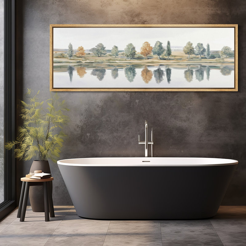Tranquil Lakeside Landscape with Autumn Trees and Mirror Reflection - Large, impression encadrée sur toile encadrée dans la chambre principale