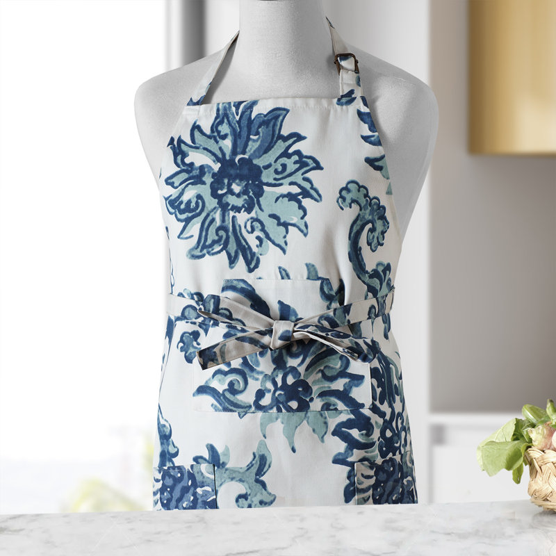 Printed Cotton Kitchen Apron with Pockets Adjustable, Indonesian Blue