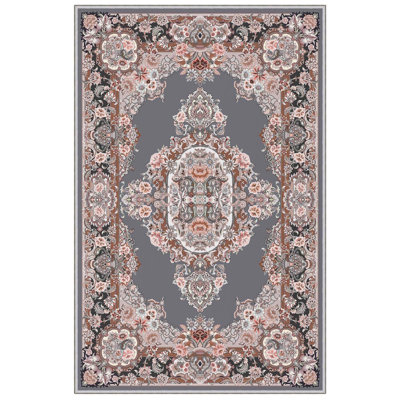 Tapis oriental rectangulaire en polyester tissé à la machine 1 pi 8 po x 2 pi 7 po gris / noir / rose Matteson