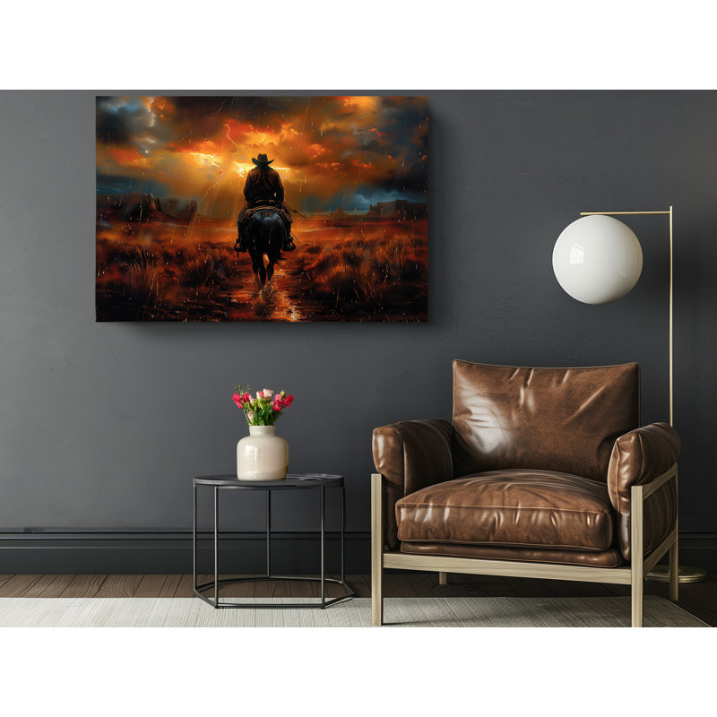 «Lone Cowboy Riding His Horse Under Rain», impression sur toile murale moderne pour la maison et le bureau, H 16 po x l 24 po
