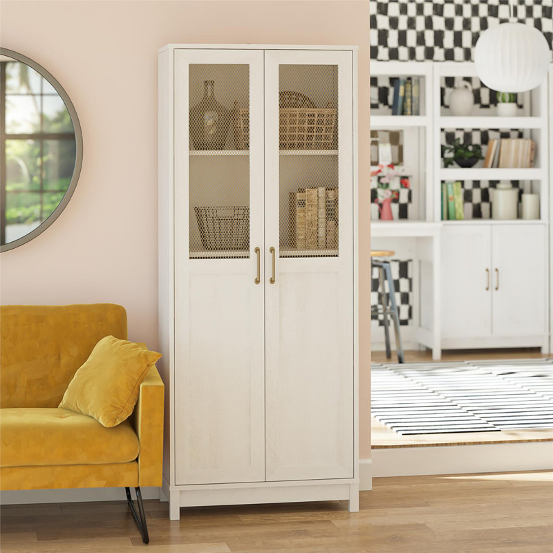 Ivory Oak 2-Door Storage Cabinet with Gold Mesh Doors