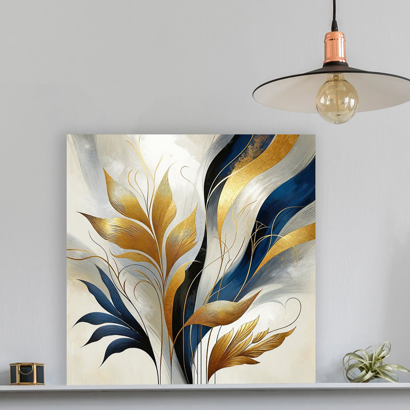 Sweeping Gold Botanica - Abstrait bleu marine et feuille d'or sur toile, H 12 po x l 12 po x P 1 po
