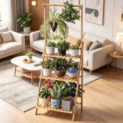 Bamboo 3-Tier Hanging Plant Stand with Foldable Design, Narrow Ladder Shelf for Indoor and Outdoor Use, Adjustable Display Rack for Flower Pots and Plants