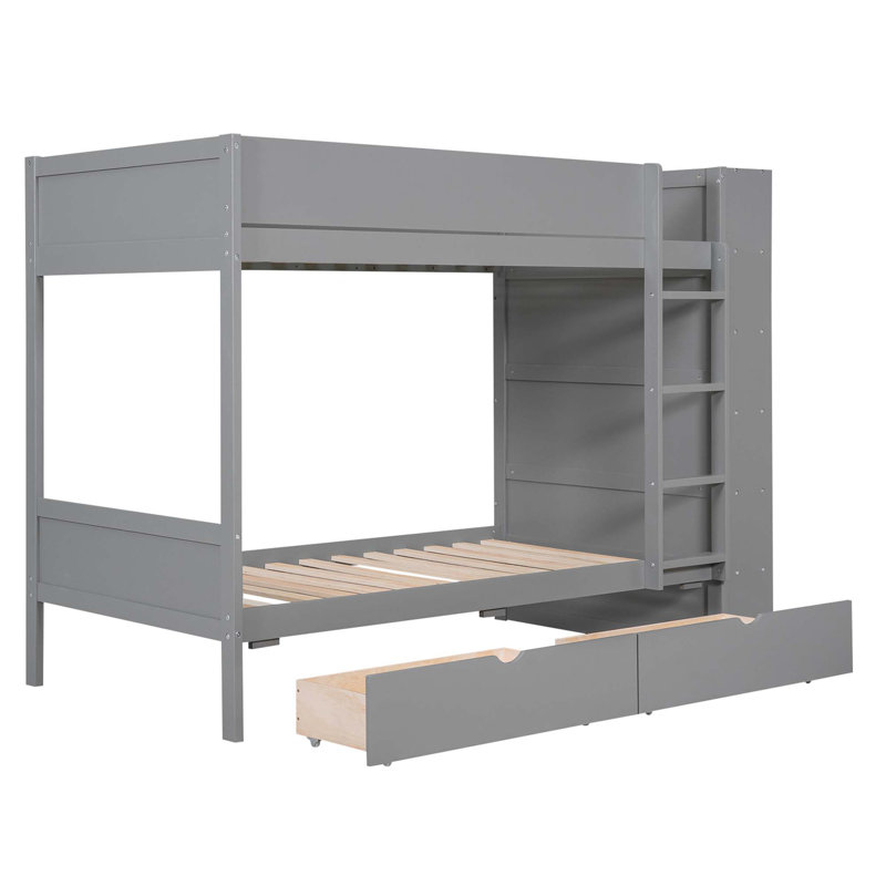 Lit superposé avec 2 tiroirs et armoire à couches multiples, gris, Simple