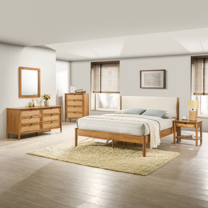 Ensemble de chambre à coucher 5 pièces en bois d'hévéa avec commode, miroir, table de chevet et commode Vichy