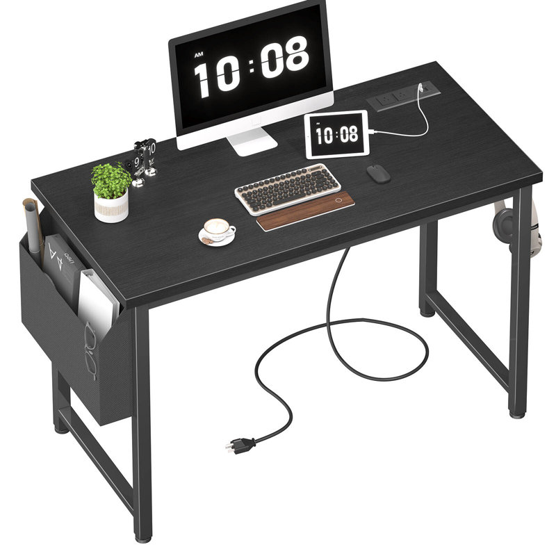 Bureau d'écriture rectangulaire avec prises de courant, Noir, noir, noir, noir, H 29,52 po x l 39 po x P 18,9 po