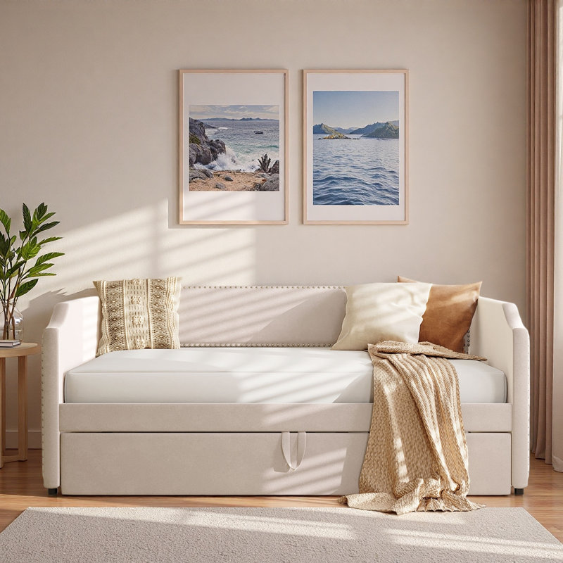 Upholstered Daybed With Pop Up Trundle And Nail Head Decoration, Beige