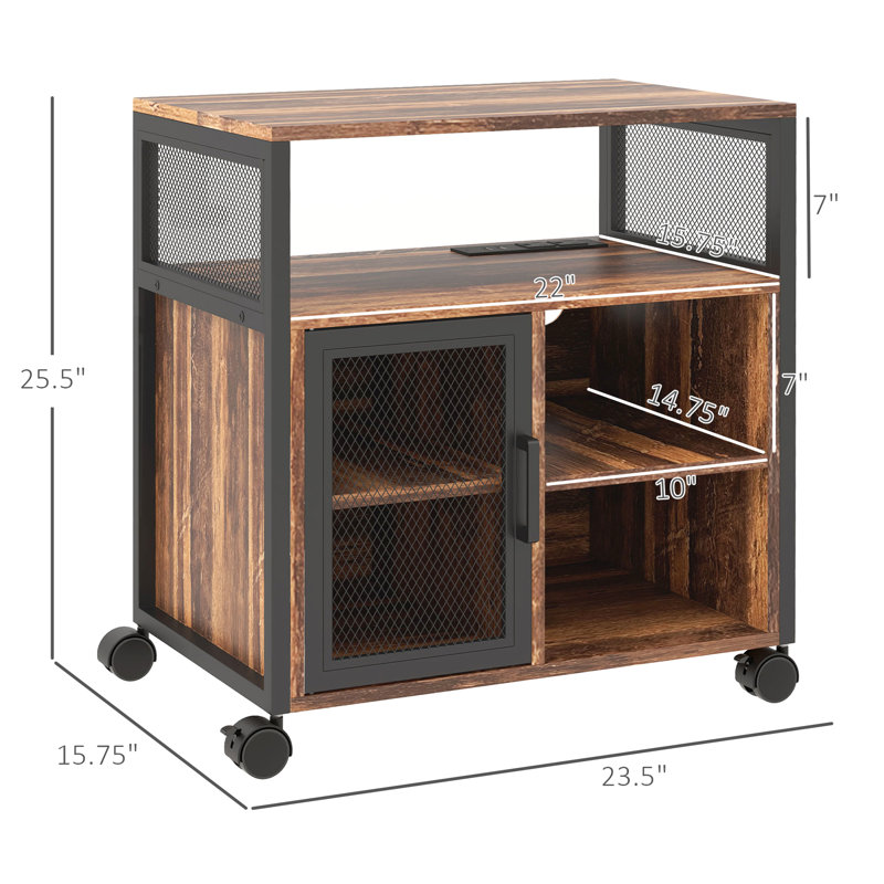 Support pour imprimante avec douille, brun rustique. Rangez les articles de bureau. Chargez les appareils. Mobile et polyvalent pour la maison. Soigneusement essentiels. Déplacez les roues librement. Accessoire