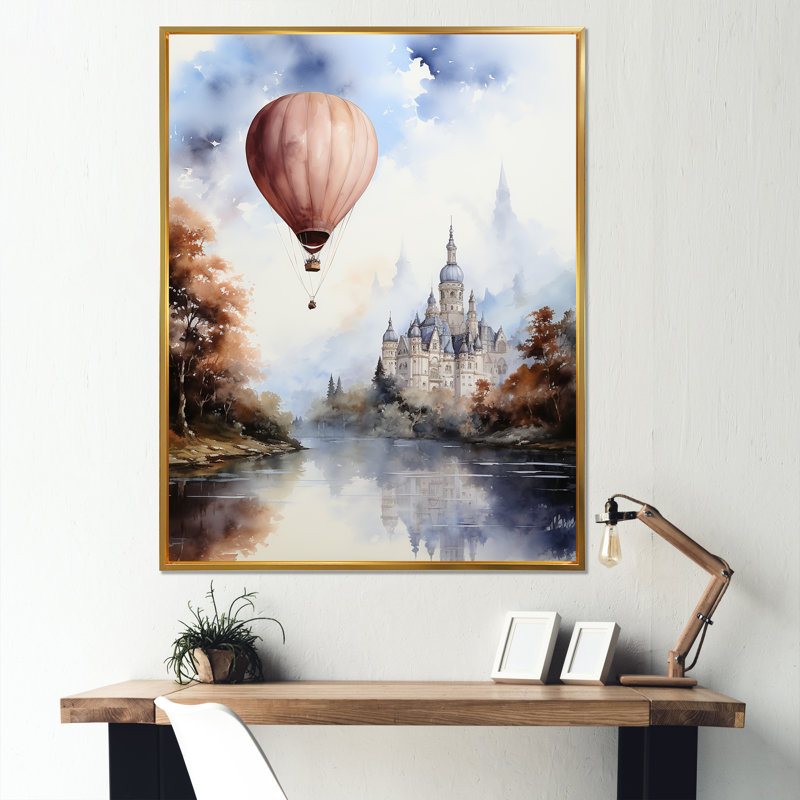 " Monochrome Castle Balloon Flight ", Gold Floater Framed, 32" H x 24" W x 1" D