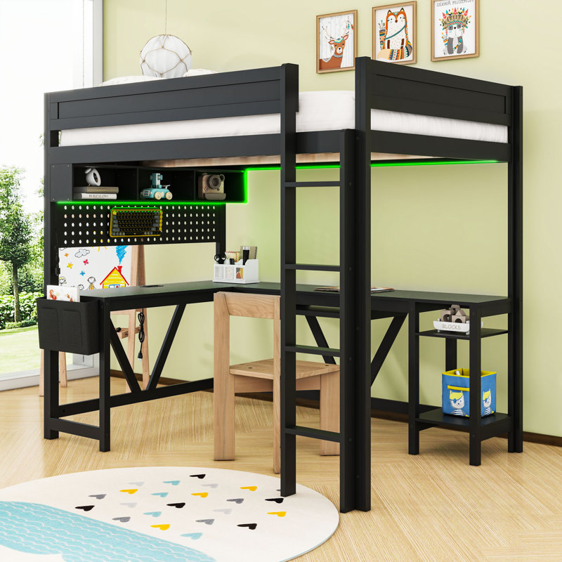 Lit mezzanine double en bois avec bande lumineuse à DEL, bureau, tablettes de rangement et station de charge, Noir