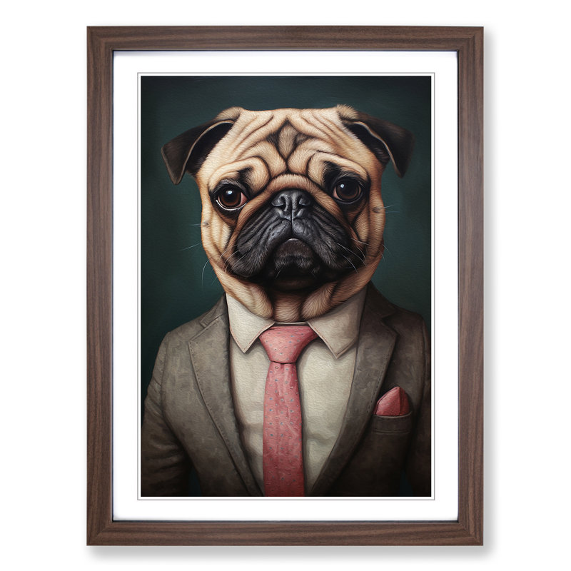 Pug In A Suit Painting No.6 - Single Picture Frame Print on Wood, Walnut Framed, 64cm H x 46cm W x 2cm D