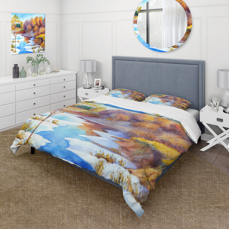 Stream In Winter Forest Valley - Ensemble de housse de couette Lake House - Microfibre de polyester