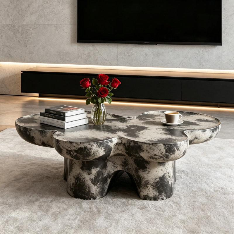 Table basse 47,24 "Butterfly, table basse en simili calcaire beige noir pour bureau, Noir + beige