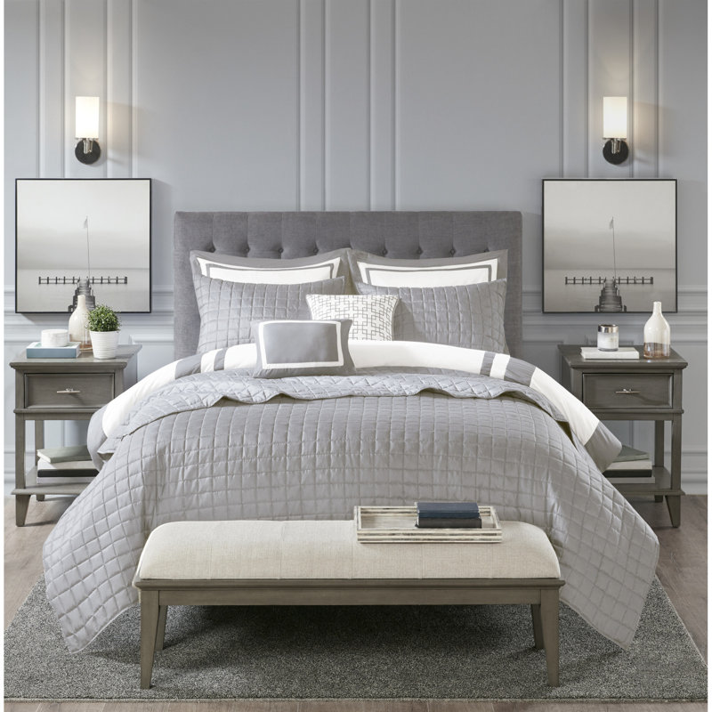 Ensemble de literie 8 pièces luxueux, style hôtelier en polyester gris