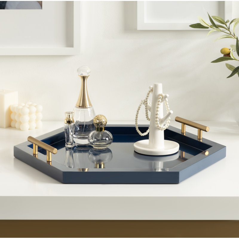 Reith Hexagon Manufactured Wood Tray with Metal Handles, 2.20" H x 18.00" W x 15.66" D, Navy/Gold