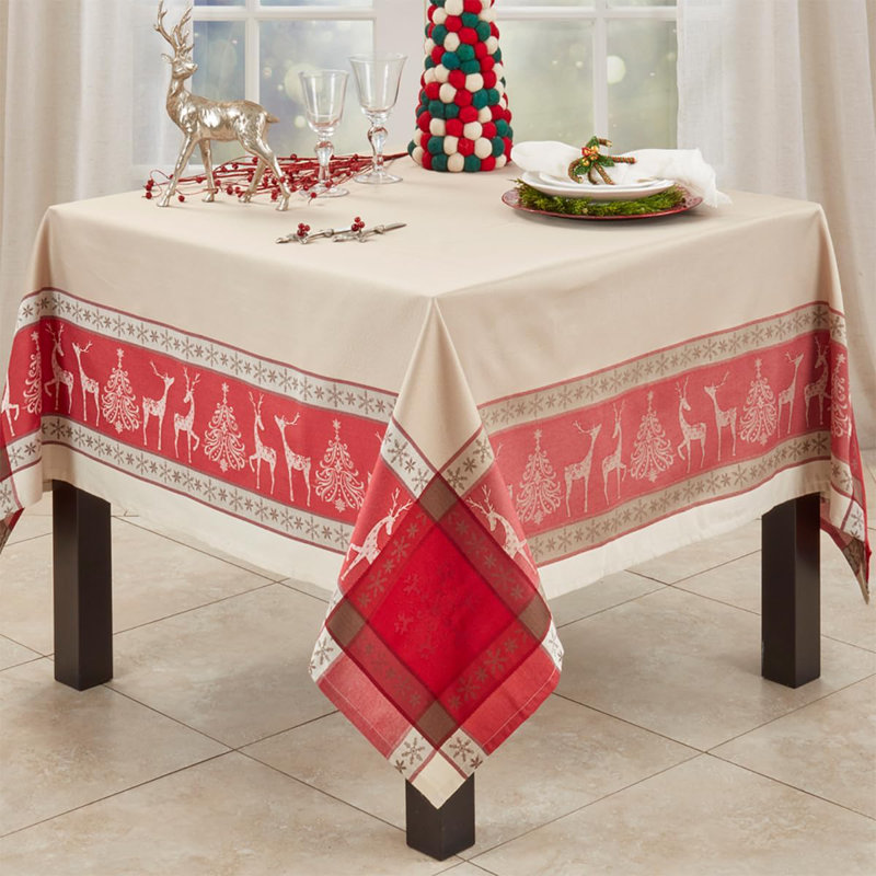 Red Christmas Reindeer Design Jacquard Tablecloth, 70" Square