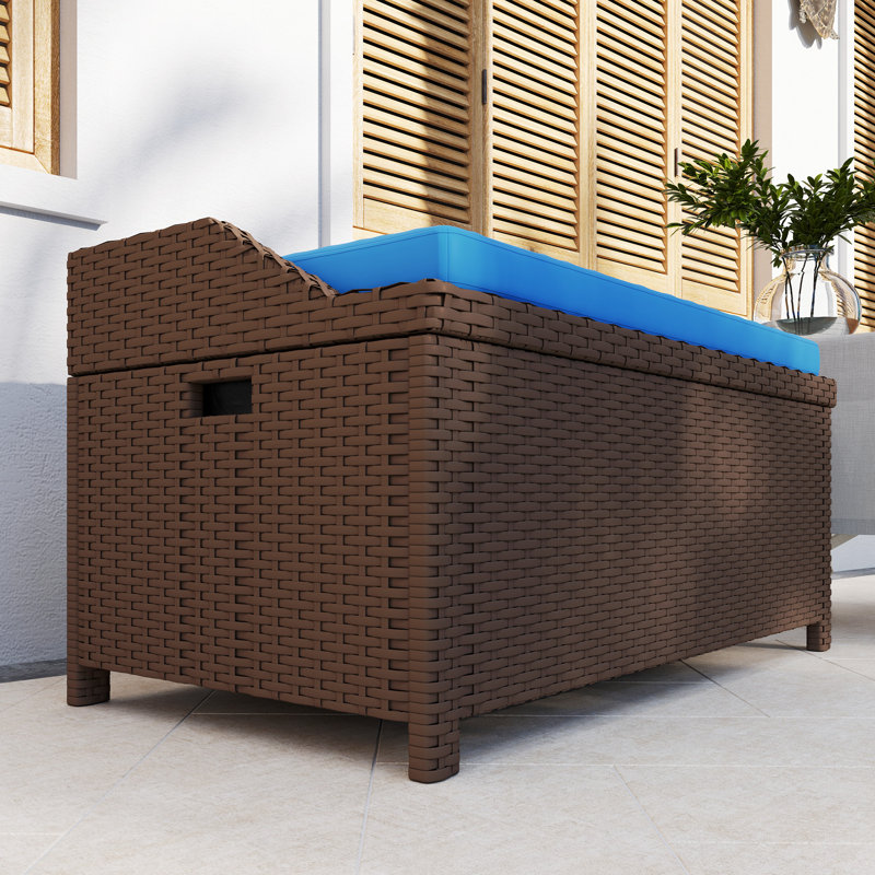 Banc de rangement d'extérieur en osier avec coussin, bleu, Blue