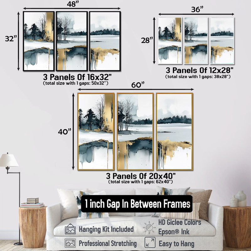 Ensemble de salon Black Winters Hush Landscape I - Winter Landscape Wall Art, Toile avec cadre flottant noir