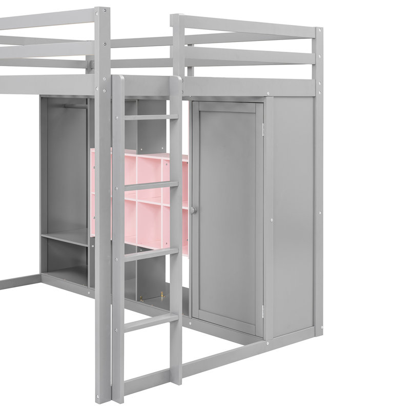 Lit mezzanine double gris et rose, avec garde-corps à lattes et garde-corps, tablettes de garde-robe ouvertes réversibles, l 57,6 po de largeur, bois massif et rangement, coffre-fort de plus de 6 ans, L 78,3 po