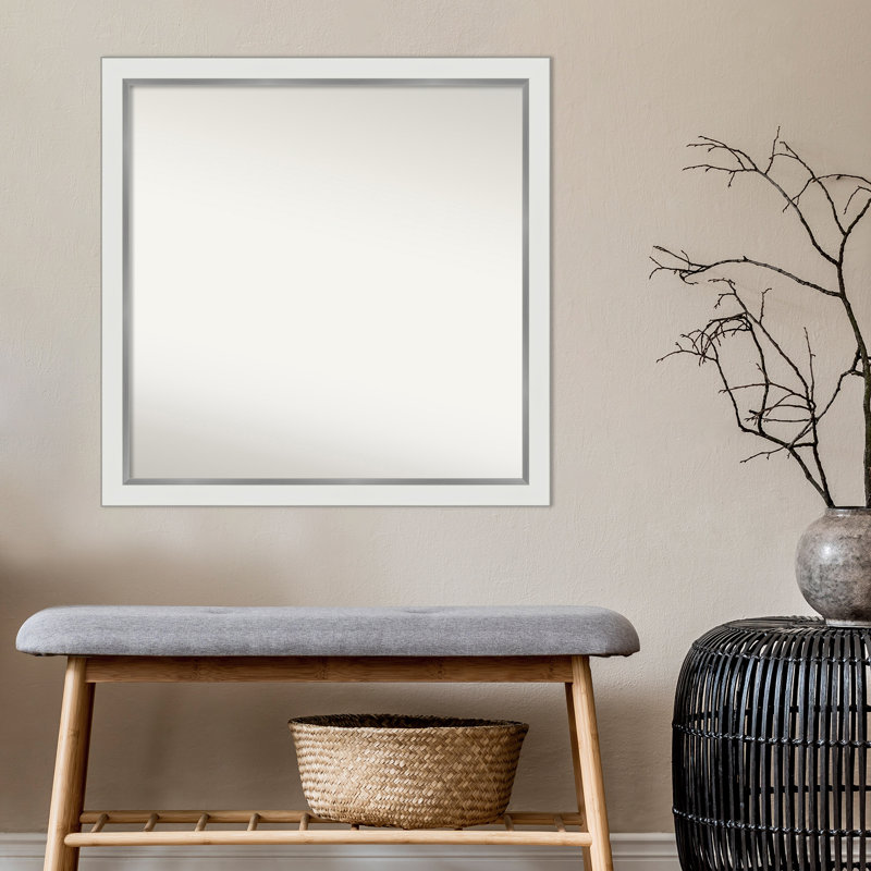 Eva White Silver Narrow Bathroom Vanity Non-Beveled Wall Mirror, 29 " H x 29 " W