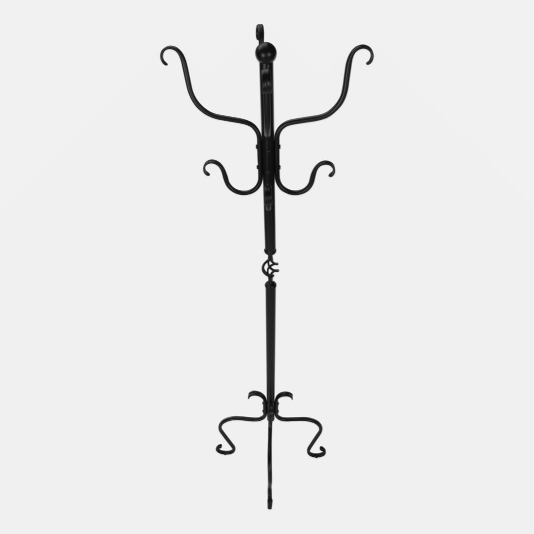 Standing Coat Rack, 74 Inch, Curved Base, 8 Hooks, Classical Black Metal Benjara