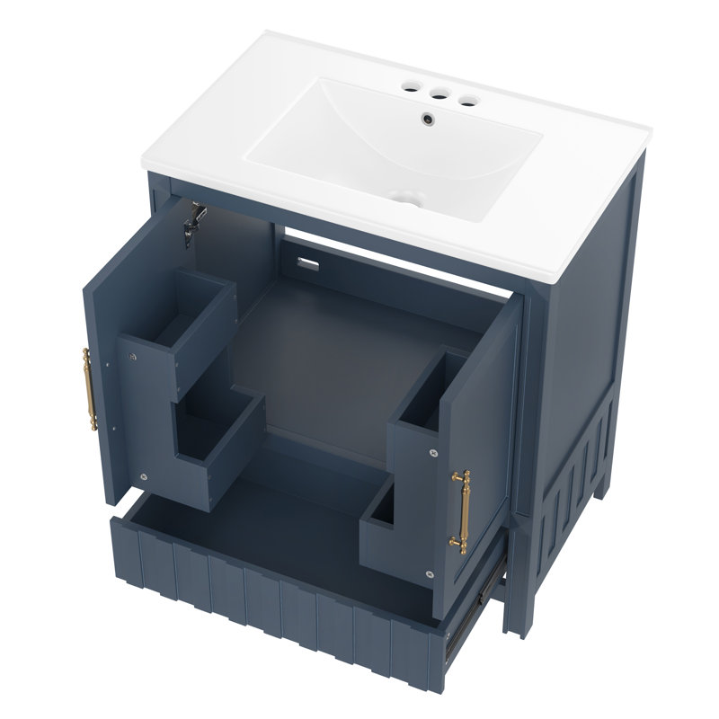 Meuble-lavabo et lavabo de salle de bain moderne bleu, bois massif et panneau de fibres à densité moyenne, conception peu encombrante