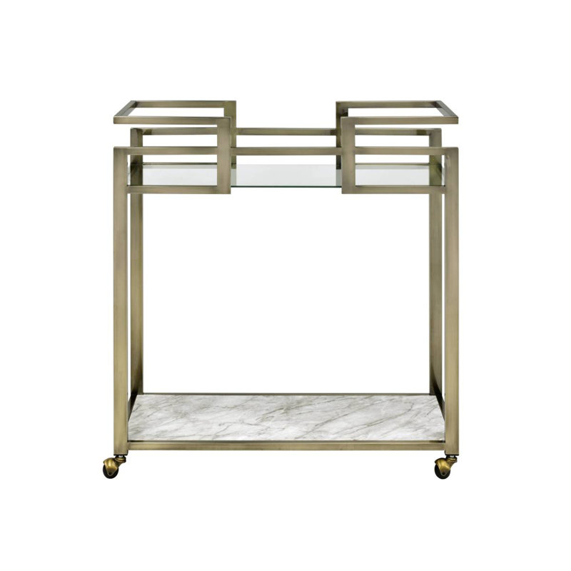 Neilo Clear Glass, Faux Marble Top & Wire Brass Finish Serving Cart
