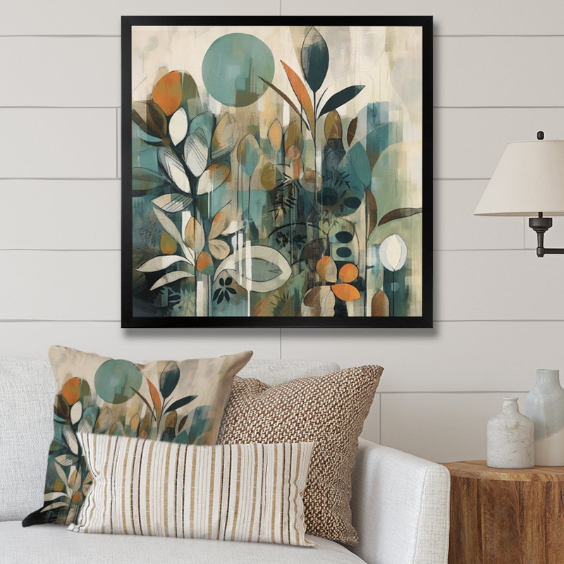 «Khingston Orange and Green Abstract Bohemia III», reproduction sur toile, Cadre photo noir, H 16 po x l 16 po