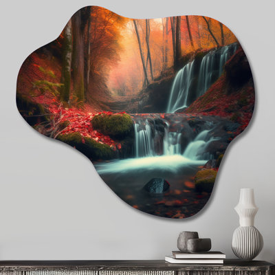 Waterfall In Fall Forest I - Mountains Cloud Shape Assymterical Metal Wall Sculpture