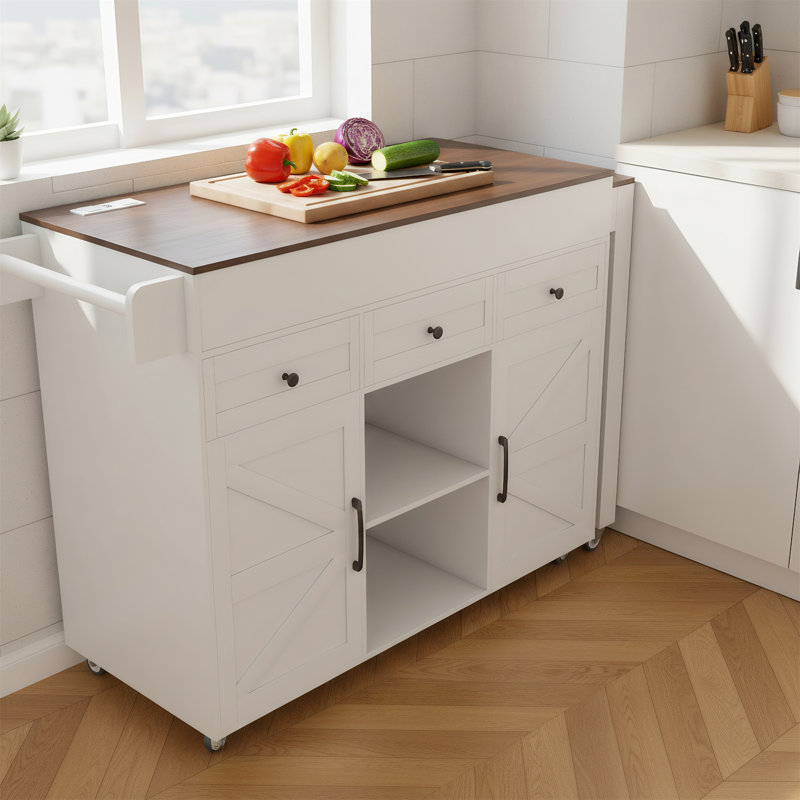 Îlot de cuisine avec table de salle à manger extensible, comptoir en marbre et chariot de rangement mobile avec prises de courant intégrées