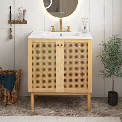 Natural Wood Colour 30 Inch Bathroom Vanity Crafted From Natural Materials, Featuring Soft-Closing Handmade Rattan Doors