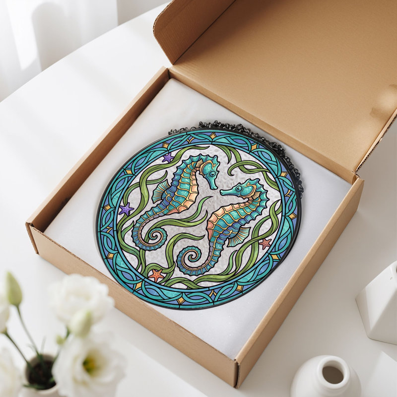 Panneau de vitrail en forme de hippocampe, H 12 po, 12"H
