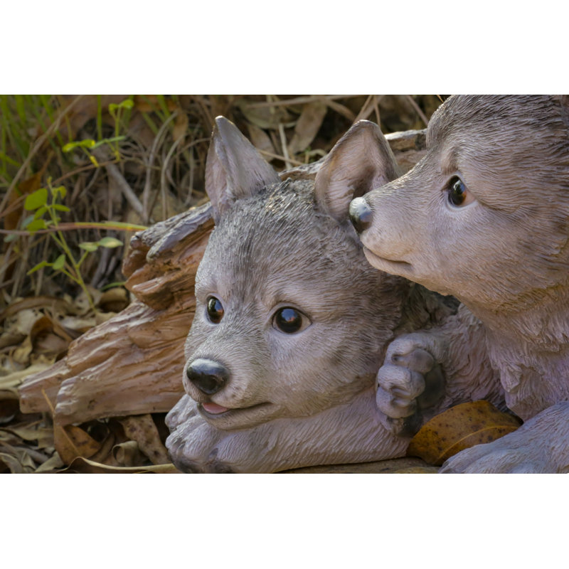 Grey Wolf Cubs Hiding Under Log Statue