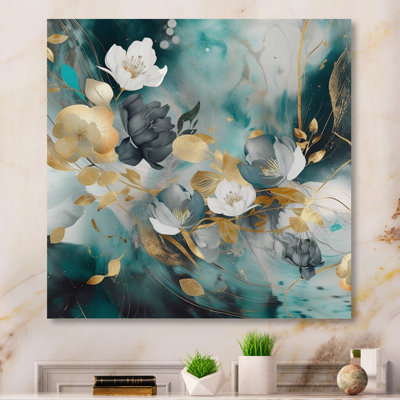 «Golden Blue Marble Flowers III», impression sans cadre sur métal