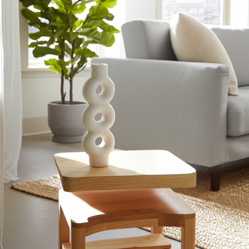 Vase en céramique Cercles empilés texturés, blanc, fantaisie, H 17 po x l 6 po x P 3 po